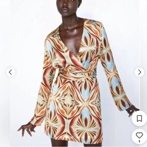Zara Women’s Retro Printed V-neck Mini Dress With Wrap Belt Long Sleeve Size L